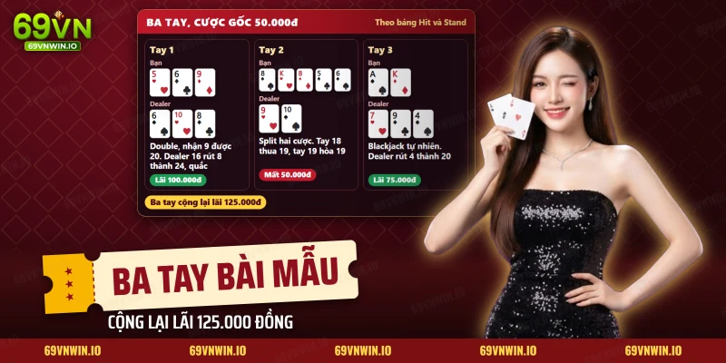 Ba tay blackjack ví dụ gồm Double, Split và blackjack tự nhiên
