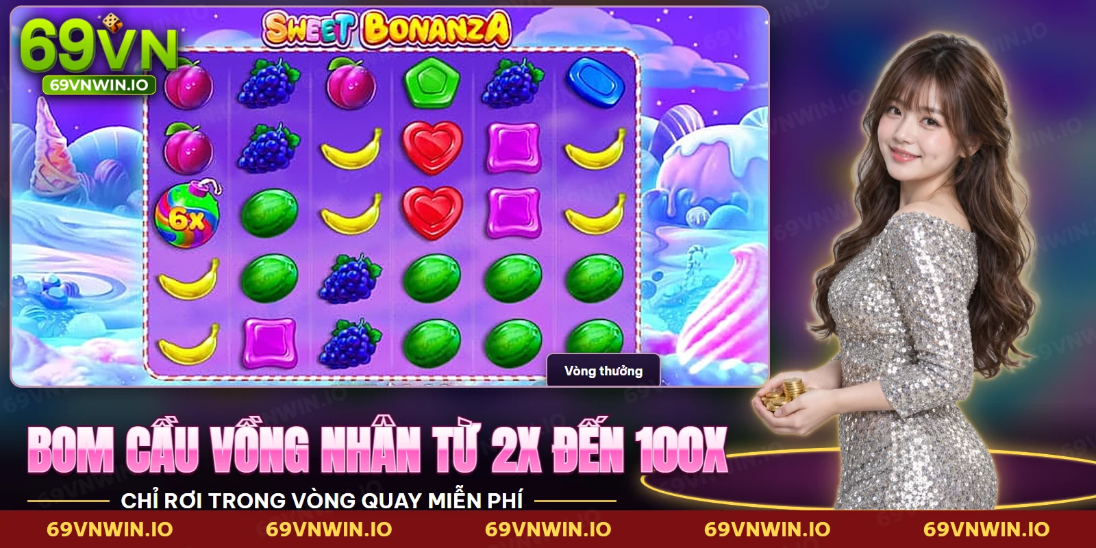Bom cầu vồng nhân hệ số trong vòng quay miễn phí Sweet Bonanza trên lưới kẹo