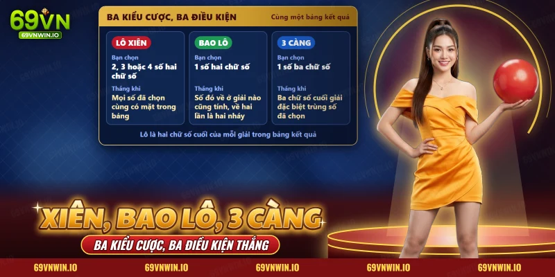 Cách đánh lô xiên, bao lô, 3 càng 69VN với ba thẻ kiểu cược nêu rõ số bạn chọn và điều kiện thắng