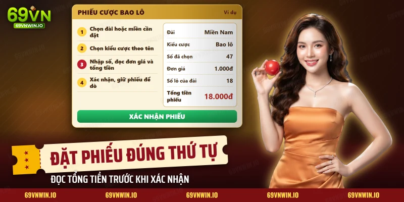 Phiếu cược bao lô với đài, kiểu cược, số đã chọn, đơn giá và tổng tiền phiếu