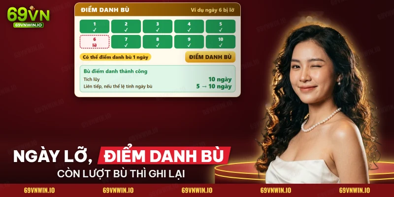 Lịch ngày điểm danh bù cho hội viên lỡ một ngày