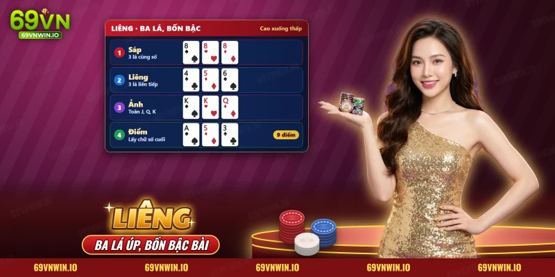 Liêng 69VN với bốn bậc bài sáp, liêng, ảnh và điểm, mỗi bậc kèm một ví dụ ba lá