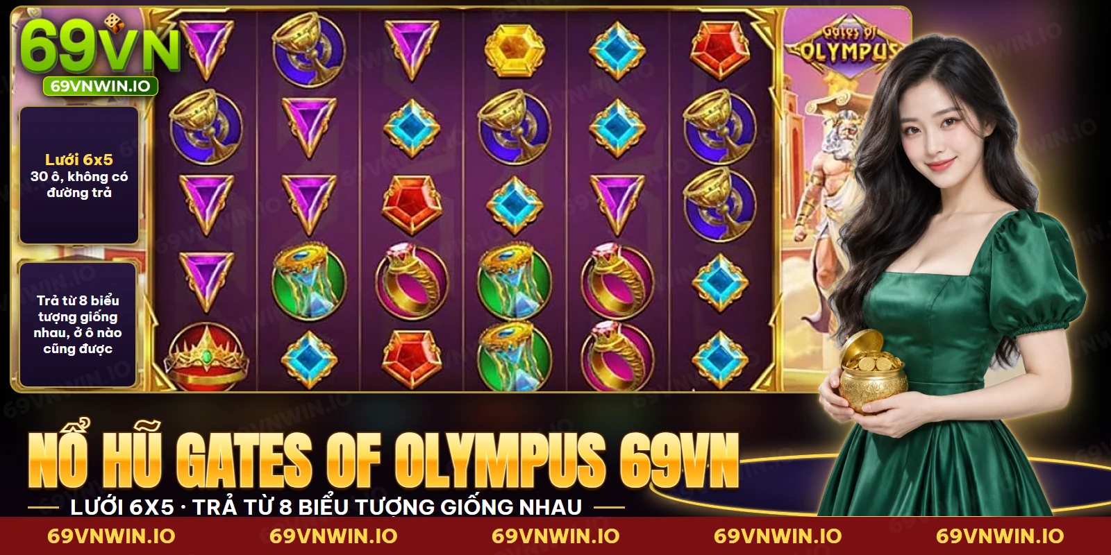 Lưới đá quý, nhẫn và chén vàng trong nổ hũ Gates of Olympus 69VN