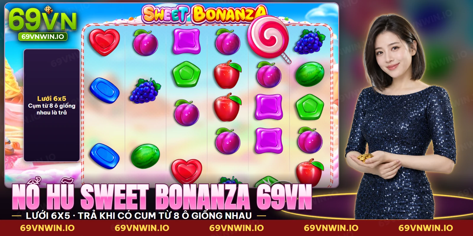 Kẹo mút và trái cây rơi trên lưới nổ hũ Sweet Bonanza 69VN giữa vùng đất kẹo ngọt