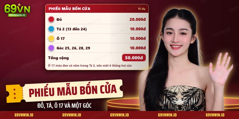 Phiếu mẫu bốn cửa Roulette ghi chip ở cửa đỏ, tá, ô số và góc cùng tổng tiền cược