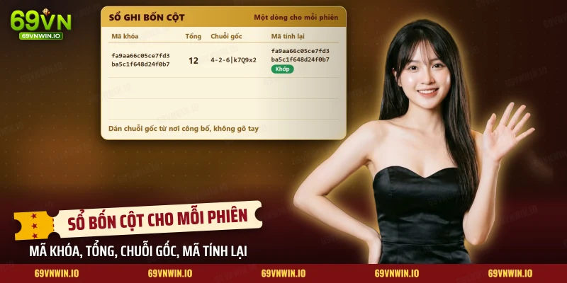 Sổ ghi bốn cột cho tài xỉu MD5 gồm mã khóa, tổng điểm, chuỗi gốc và mã tính lại từng phiên